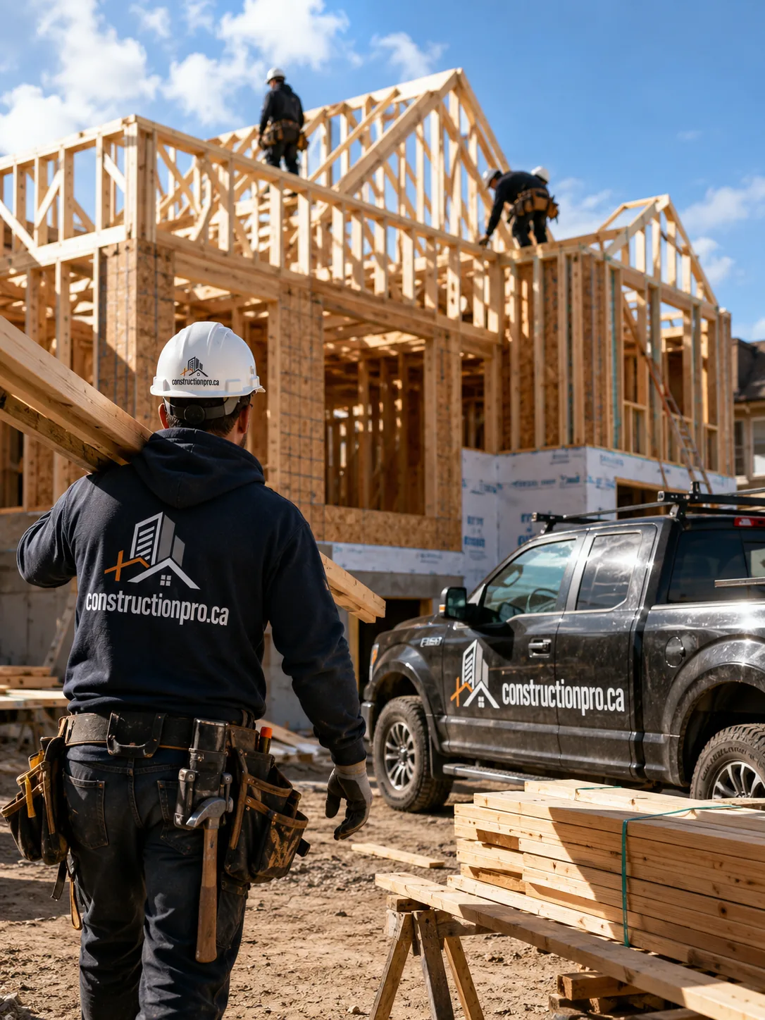 Maison en construction avec charpente de bois